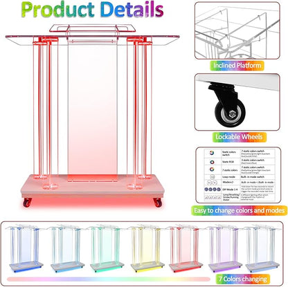 Acrylic Pulpits for Church with LED Lights 46" Tall Podium Stand with Wheels and Reading Platform, Clear Lectern for Speech, Classroom, Churches, Lecturn