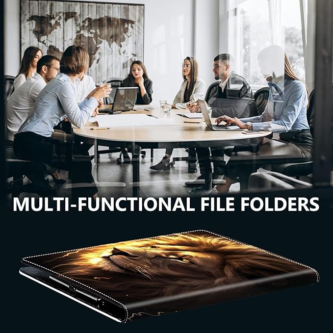 PU Leather Padfolio Folder Clipboard Portfolios Organizer Conference Document Organizer with Business Card Holder Storage Clipboard Writing Pad,Lion with Lightning