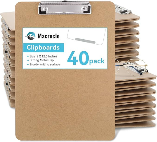 Wood Clipboards 40 Pack, Letter Size Hardboard Clip Board 8.5x11 for Classroom, Students, Kid, A4 Standard Clipboard Size 9" x 12.5" with Low Profile Clip, Office Supply, School Supply.