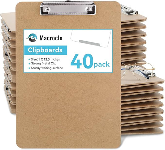 Wood Clipboards 40 Pack, Letter Size Hardboard Clip Board 8.5x11 for Classroom, Students, Kid, A4 Standard Size 9" x 12.5" with Low Profile Clip, Office & School Supply