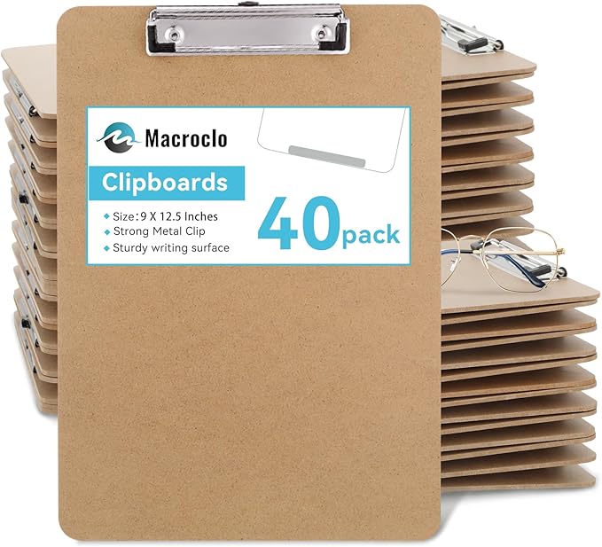 Wood Clipboards 40 Pack, Letter Size Hardboard Clip Board 8.5x11 for Classroom, Students, Kid, A4 Standard Clipboard Size 9" x 12.5" with Low Profile Clip, Office Supply, School Supply.
