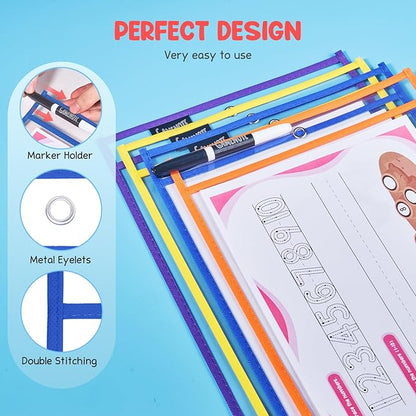 Gamenote Dry Erase Pockets 30 Pack with Rings, Oversized Reusable Plastic Sleeves Shop Ticket Holders Sheet Protectors Teacher Supplies for Classroom Organization (Colorful)