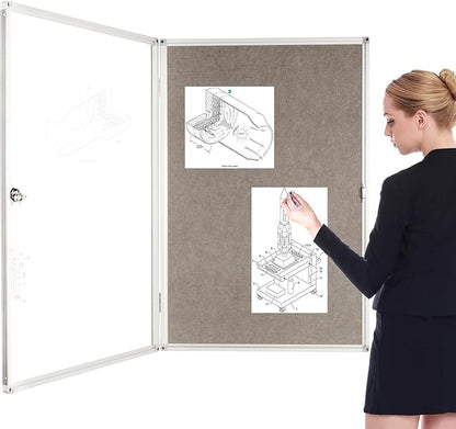 BIBOC Enclosed Felt Bulletin Board 36x24 inch Lockable Cork Noticeboard Display Cases Tamperproof Notice Poster Memo Board with Class 1 Aluminum Frame (Felt, 24×36 inches)