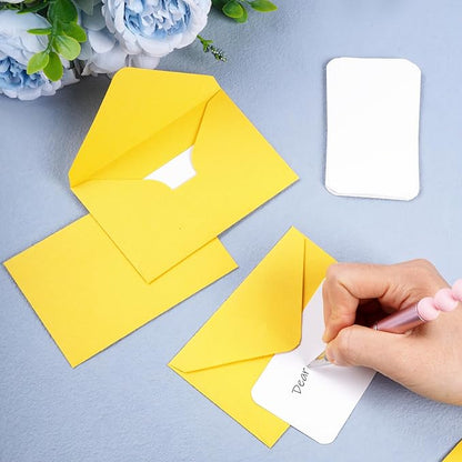 jiebor 100 Sets Small Yellow Envelopes with Small Blank Gift Business Card Wedding Invitation Pocket Envelopes for Graduations Wedding Shower Holiday 4.37 x 2.91 Inch
