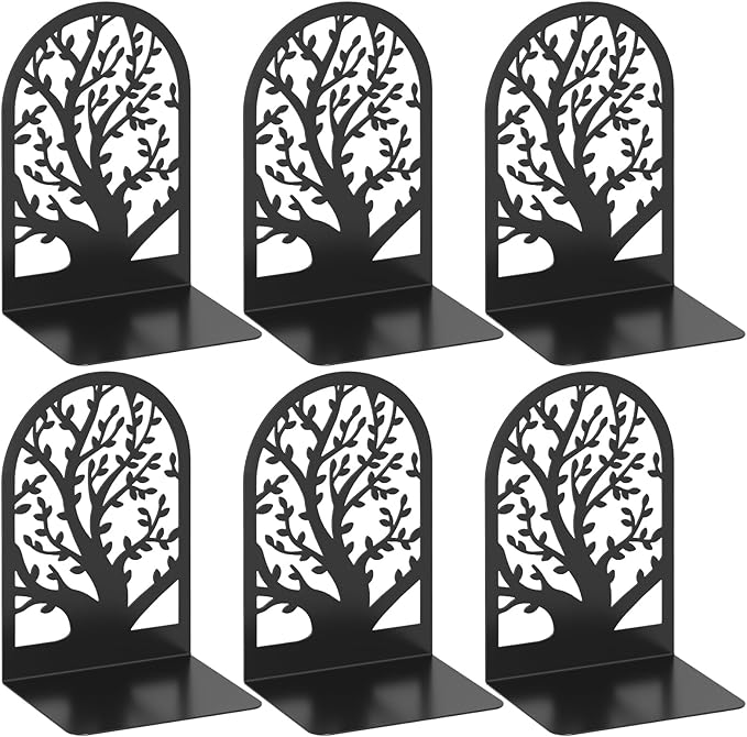 VFINE Tree Style Bookends 3 Pairs, Bookends for Shelves, Tree Metal Book Ends, Book Holder for Shelves, Decorative Unique Black Book Ends to Hold Books, Book Stopper Office Supplies