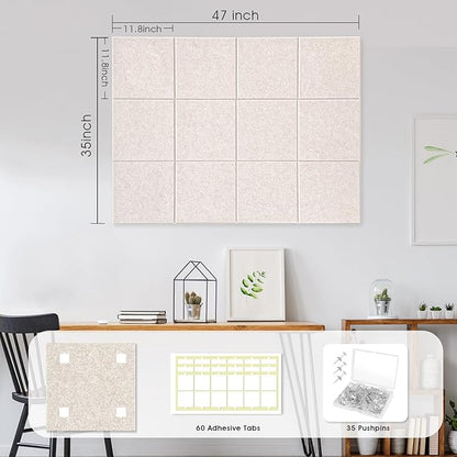 Large Cork Board for Office Wall Decor,48"x36"-12 Pack Felt Wall Tiles with 35 Push Pins, Thicker 0.47in, Felt Bulletin Board Pin Board Cork Boards for Walls - Beige