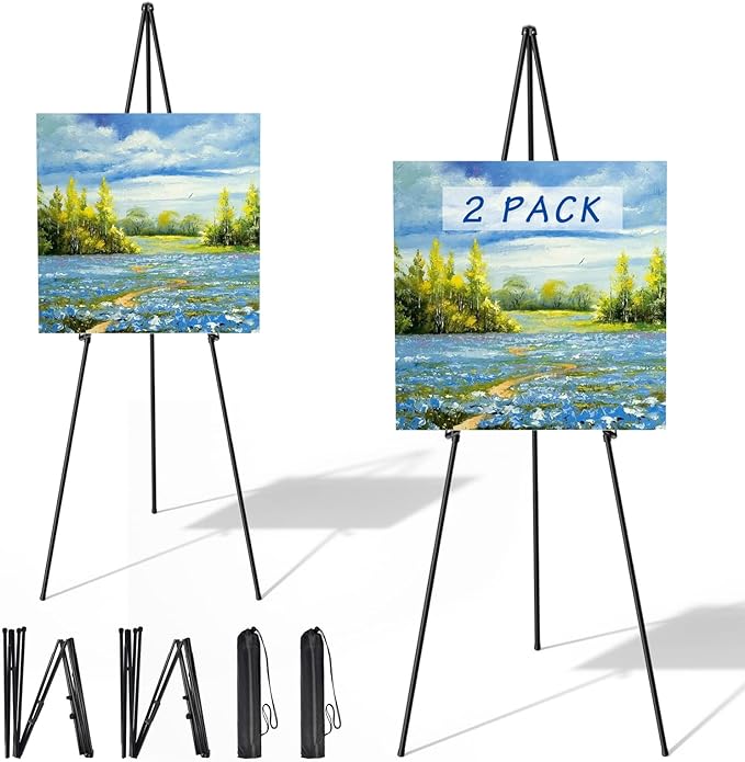 Thicken Display Artist Easel Stands - 63" Instant Tripod Collapsible Portable Floor Easels - Easy Folding Adjustable Art Poster Metal Stands for Display Show, Wedding, Painting - Black 2pack