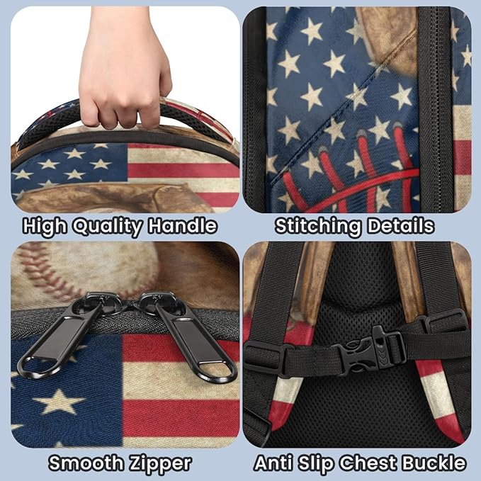 Vintage Baseball American Flag Pattern Backpack School Bookbag Laptop Purse Casual Daypack for Teen Girls Women Boys Men College Travel
