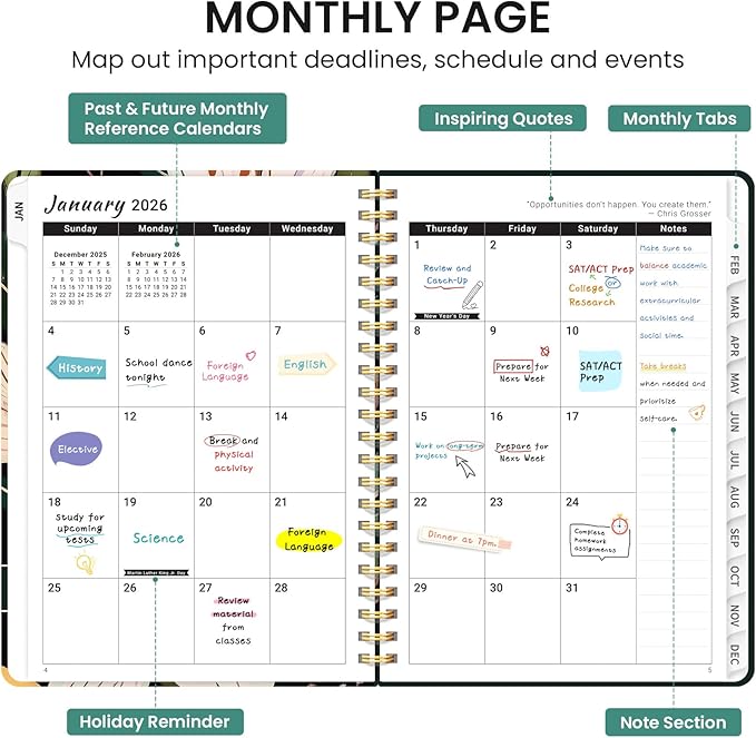 2026 Planner, Aesthetic Weekly and Monthly Planner for Women, Jan 2026 to Dec 2026, Hardcover 2026 Calendar Book with Monthly Tabs, Inner Pocket, Perfect for Office Home School - A5 (6.3" x 8.5"), Soft Lily