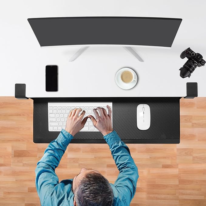 ETHU Keyboard Tray Under Desk, 26.8" x 12.2" Pull Out Steel Smooth Glide Sliding Keyboard Drawer, C Clamp Computer Keyboard Stand Ergonomic Desk Extender Tray for Home Office(Carbon)