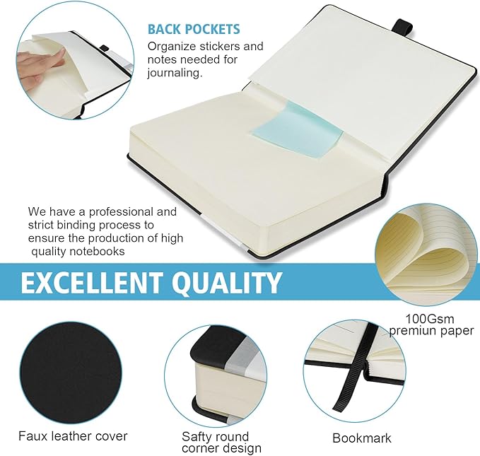 Lined Journal Notebook, 360 Numbered Pages(With page number), Thick Journal for Writing A5 College Ruled Notebook, 100gsm Lined Paper, Leather Hardcover, 5.75'' X 8.38''-Black