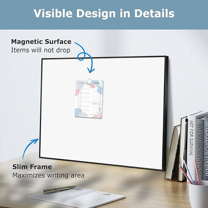 Magnetic Whiteboard, 24'' x 18'' White Board Dry Erase Board for Wall, Hanging Black Aluminum Frame Wipe Board for Home, Office, School