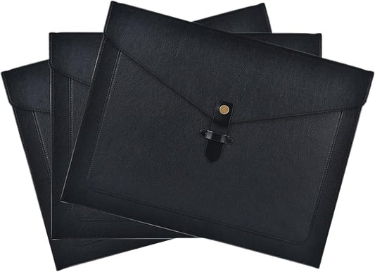 Black Leather File Folder Letter Size, File Organizer, Important Document Folders with Pockets, Document Organizer, Laptop Sleeve Notebook Case, Paper Storage, A4 Envelopes Filing Folder 3PCS