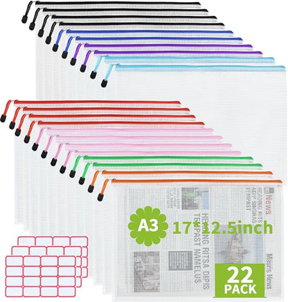 Vuzvuv A3 Size-22pcs 16.9"x 12" Mesh Zipper Pouch Zipper Bags,8 Colors Document File Folders with Label Sticker,Plastic Mesh Bag for File, Makeup, Board Game School Office Home Travel Storage