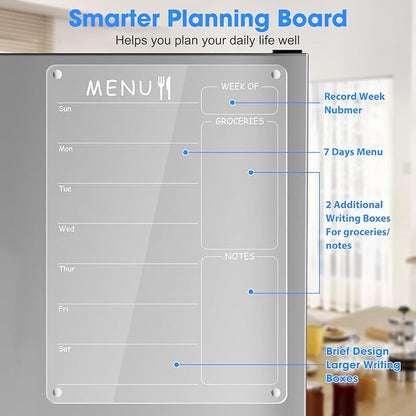 Acrylic Menu Board for Kitchen Weekly Meal Planner Magnetic Planning Board w/ 8 Markers, Clear Weekly Calendar for Fridge Refrigerator Dry Erase Board Noteboard to Do Grocery Shopping List, 12x9’’