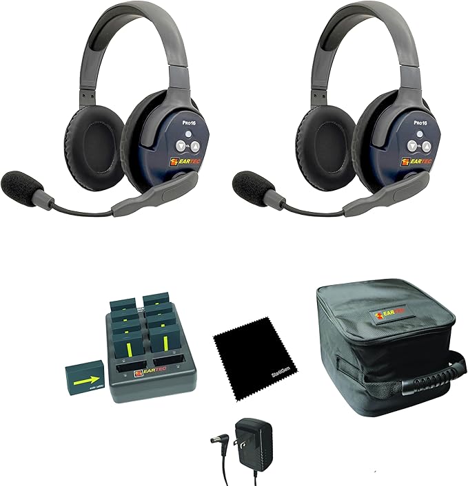 Eartec Ultralite PRO16 ETP2D Full-Duplex Professional True Wireless Intercom System Bundled with Cleaning Cloth 2-Double Headsets (2.4 GHz)
