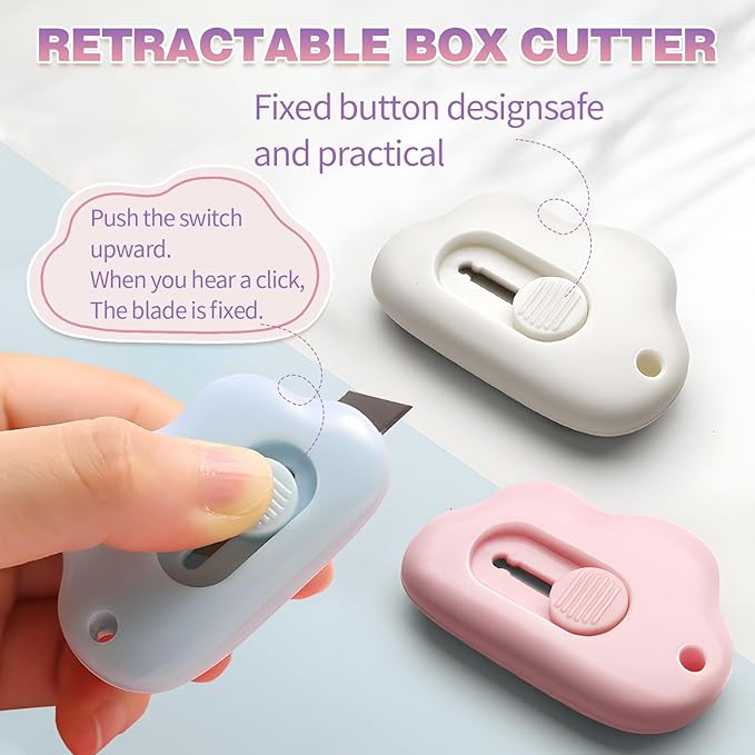 Mini Cloud Box Cutters Retractable Cute, 6 Pcs Small Utility Knives, Portable Letter Opener Slide Open with Keychain Hole, for Office School Stationery, Cutting Box Envelopes Papercutting (6)