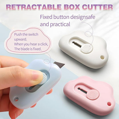 Mini Cloud Box Cutters Retractable Cute, 6 Pcs Small Utility Knives, Portable Letter Opener Slide Open with Keychain Hole, for Office School Stationery, Cutting Box Envelopes Papercutting (6)