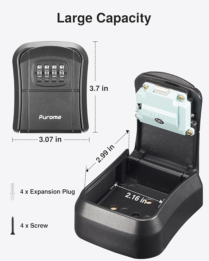 Puroma Key Lock Box Combination Lockbox Wall-Mounted Key Storage Box for House Keys, Resettable Code Safe Security Lock Box for Home, Office, Garage, Apartment Spare Key Storage (1 Pack, Black)