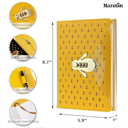 Mazeran Bee Shaped Combination Lock Journal, PU Leather Hard Cover Notebook Cute Diary, A5 Lined Password Locking Personal Planner Secret Organizer Gift for Girls Women Daughter