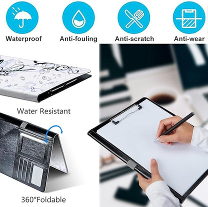 PU Leather Padfolio Folder Clipboard Portfolios Organizer Conference Document Organizer with Business Card Holder Storage Clipboard Writing Pad,Dragonfly with Lotus Flower