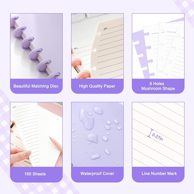 Discbound Notebook, 8-Disc Disbound Planner with Removable Pages, 180 Pages Spiral Notebook, Poly Cover Discbound Planner for Work, Travel, Note Taking(With Index Sticker),Purple,A5