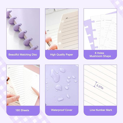 Discbound Notebook, 8-Disc Disbound Planner with Removable Pages, 180 Pages Spiral Notebook, Poly Cover Discbound Planner for Work, Travel, Note Taking(With Index Sticker),Purple,A5