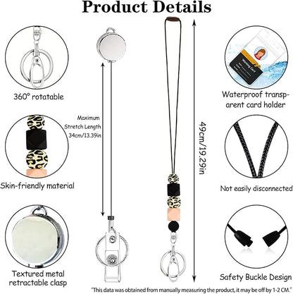 Colorful ID Badge Holder with Silicone Beads Lanyard Set,Cute Teacher Breakaway Lanyard for Keys & Keychain with Cute Retractable Badge Reel Holder,Gift for Women,Nurse, Teacher. (2 Leopard)