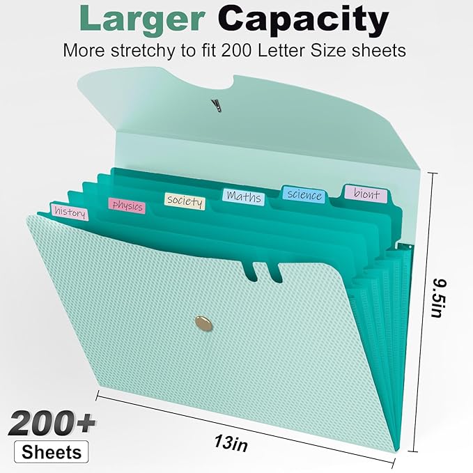 Sooez 7 Pocket Expanding File Folder, Premium Accordion File Organizer, Letter Size Folders for Documents, Sleek Filing Folders with Bungee Closure, Portable Folders for School Office Supplies, Green