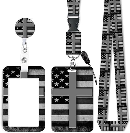 ID Badge Holder with Retractable Lanyard and Keychain, Badge Reel with Rotate Carabiner Clip,Black White American Flag Cross Card Name Tag Lanyard ID Protector Bage Clips for Student, Women, Office