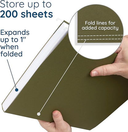 Blue Summit Supplies 25 Hanging File Folders, Reinforced Hanging Folders, Standard File Folders for Filing Cabinet, Letter Size, Green, 25 Pack