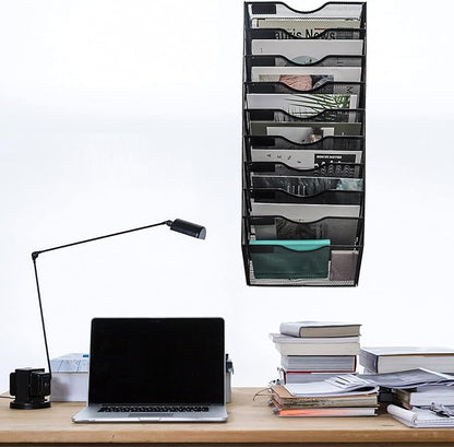 EASEPRES 10 Pockets Mesh Wall File Holder Organizer Office Hanging Magazine Rack, Black