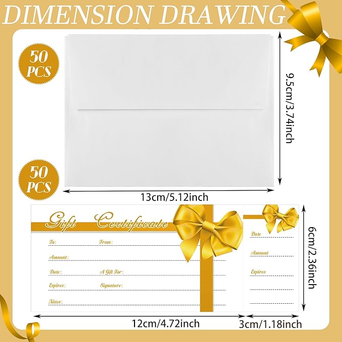 Sinmoe 50 Sets Gift Certificate for Business with 50 Pcs Envelopes Blank Gift Certificate Cards with Name and Address Rustic for Beauty Salon Restaurants Birthday(4.72 x 2.36 Inch, Gold Ribbon)