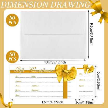 Sinmoe 50 Sets Gift Certificate for Business with 50 Pcs Envelopes Blank Gift Certificate Cards with Name and Address Rustic for Beauty Salon Restaurants Birthday(4.72 x 2.36 Inch, Gold Ribbon)