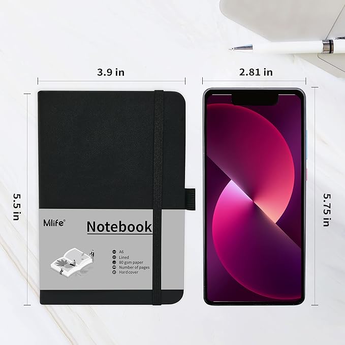 A6 Small Journal Notebook, Lined Pocket Notebook with Pen Holder, Mini Notebook Hardcover, 192 Pages, 3.9 inches * 5.5 inches Jurnal for Women and Man（1PACK Black）