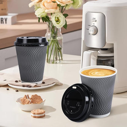 500 Pack Coffee Cups with Lids 12oz, Disposable Insulated Ripple Wall To Go Paper Coffee Cups for Hot/Cold Drinks Office Home Shop Event (Grey)