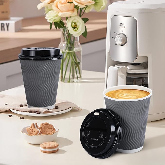 100 Pack 12 oz Disposable Coffee Cups with Lids, Insulated Ripple Wall To-Go Paper Coffee Cups Suitable for Chocolate Cocoa and Hot/Cold Drinks (Grey)