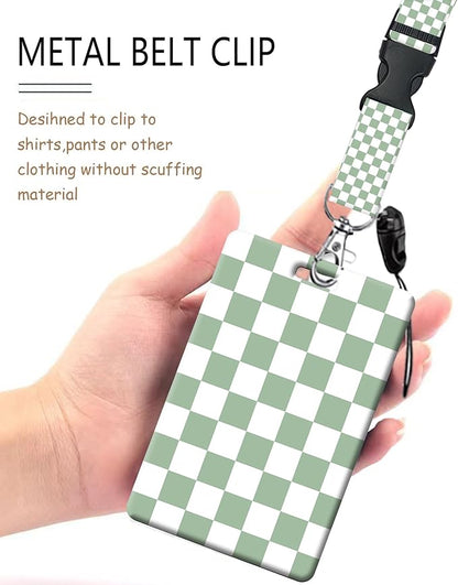 ID Badge Holder with Retractable Lanyard and Keychain, Badge Reel with Rotate Carabiner Clip,Sage Green Checkered Card Name Tag Lanyard ID Protector Bage Clips for Student, Women, Office