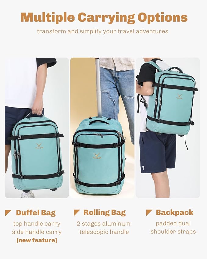 Hynes Eagle Rolling Backpack 42L Backpack with Wheels Airline Approved Carry on Luggage Laptop Travel Backpack for Women Men Mint Green