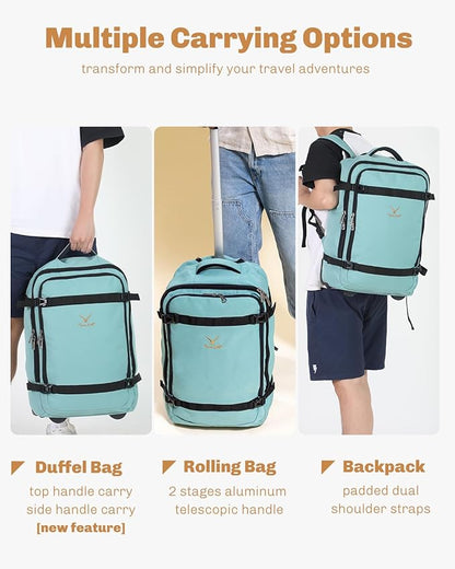 Hynes Eagle Rolling Backpack 42L Backpack with Wheels Airline Approved Carry on Luggage Laptop Travel Backpack for Women Men Mint Green