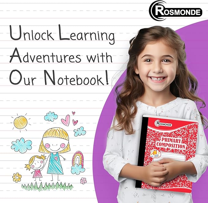 Composition Notebooks Primary Ruled 5 Pack, 200 Pages (100 Sheets), Color Marble Composition Notebook, Sewn Binding Hard Cover, Primary Composition Notebook for Kids, Writing Dotted Lined