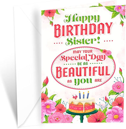 Prime Greetings Sister Birthday Card, Made in America, Eco-Friendly, Thick Card Stock with Premium Envelope 5in x 7.75in, Packaged in Protective Mailer