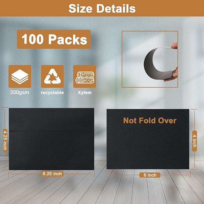 100 Packs Black Blank Greeting Cards and Envelopes 4 x 6 Heavyweight Single Panel Cardstock and A4 Envelopes Printable Self Seal for Graduations, Wedding Invitations, Thanksgiving Cards