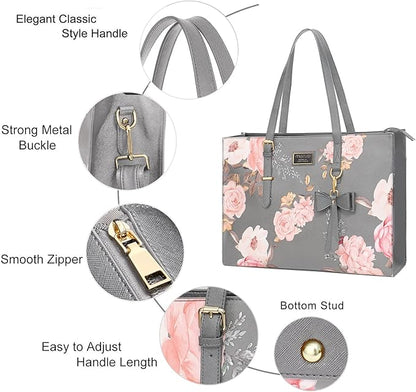 MOSISO Laptop Tote Bag Compatible with MacBook Air 15 inch M2 A2941/Pro 16 inch M3 M2 M1, 15-15.6 inch Notebook, Peony PU Leather Travel Work Briefcase with Detachable Bowknot & Small Purse, Grey