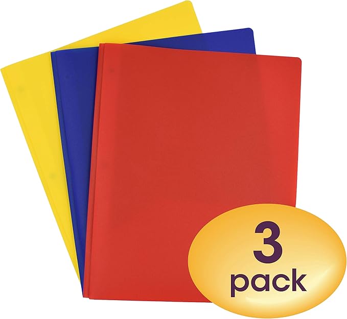 Smead Poly Two-Pocket Folder, Three-Hole Punch Prong Fasteners, Letter Size, Assorted Colors, 3 per Pack (87738)