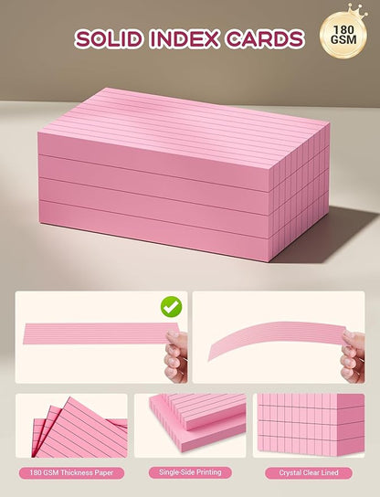 3x5 Index Cards, Colored Index Cards, 200 PCS Note Cards 3x5 Flash Cards, 180GSM Heavy Notecards 3 x 5 Lined, 3 by 5 Pink Index Card Ruled Bulk Pack of Note Cards Flashcards for Studying Taking Notes