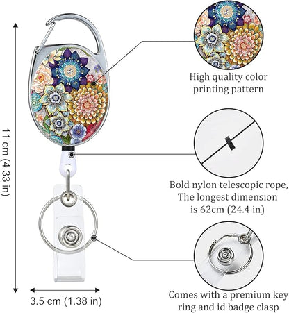 Datura Flowers Badge Reels - Retractable Double Sided Color Print Pattern Holders with Keychain, Clip and Key Ring - Durable Nylon Rope