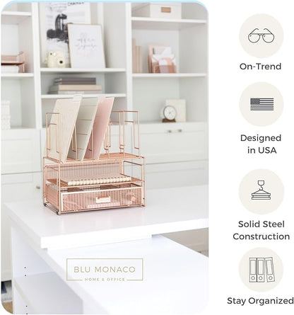 BLU MONACO Workspace Rose Gold Desk Organizers and Storage Accessories Desktop Rack File Organizer with File sorters and Drawer for Office Supplies - Cute Desk Organizer