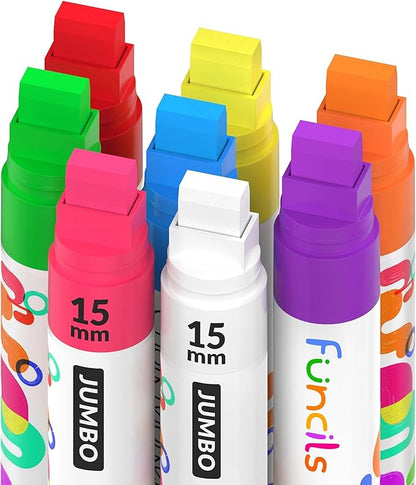 8 Washable Window Markers for Cars - 15mm Jumbo Colored Pens - Neon Paint Chalk Markers for Glass, Chalkboard, Blackboard, Bistro, Menu Board - Chalk Pens for Teachers, Kids, Businesses