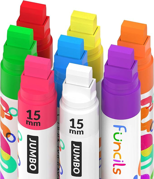 8 Washable Window Markers for Cars - 15mm Jumbo Colored Pens - Neon Paint Chalk Markers for Glass, Chalkboard, Blackboard, Bistro, Menu Board - Chalk Pens for Teachers, Kids, Businesses